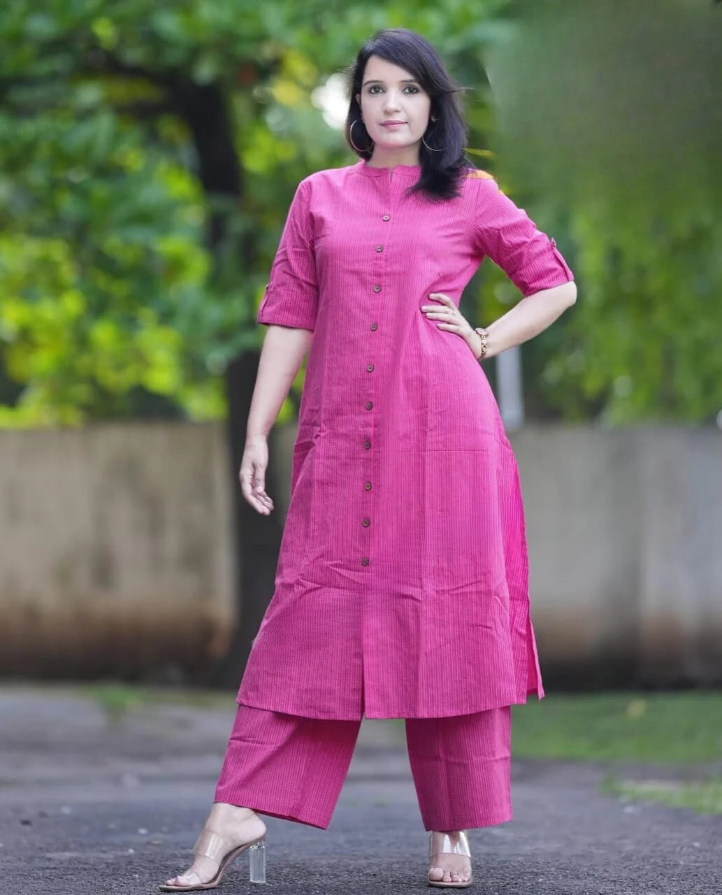 LIBASRACHNA RANI Pink Katha Cotton Kurta And Palazzo Set