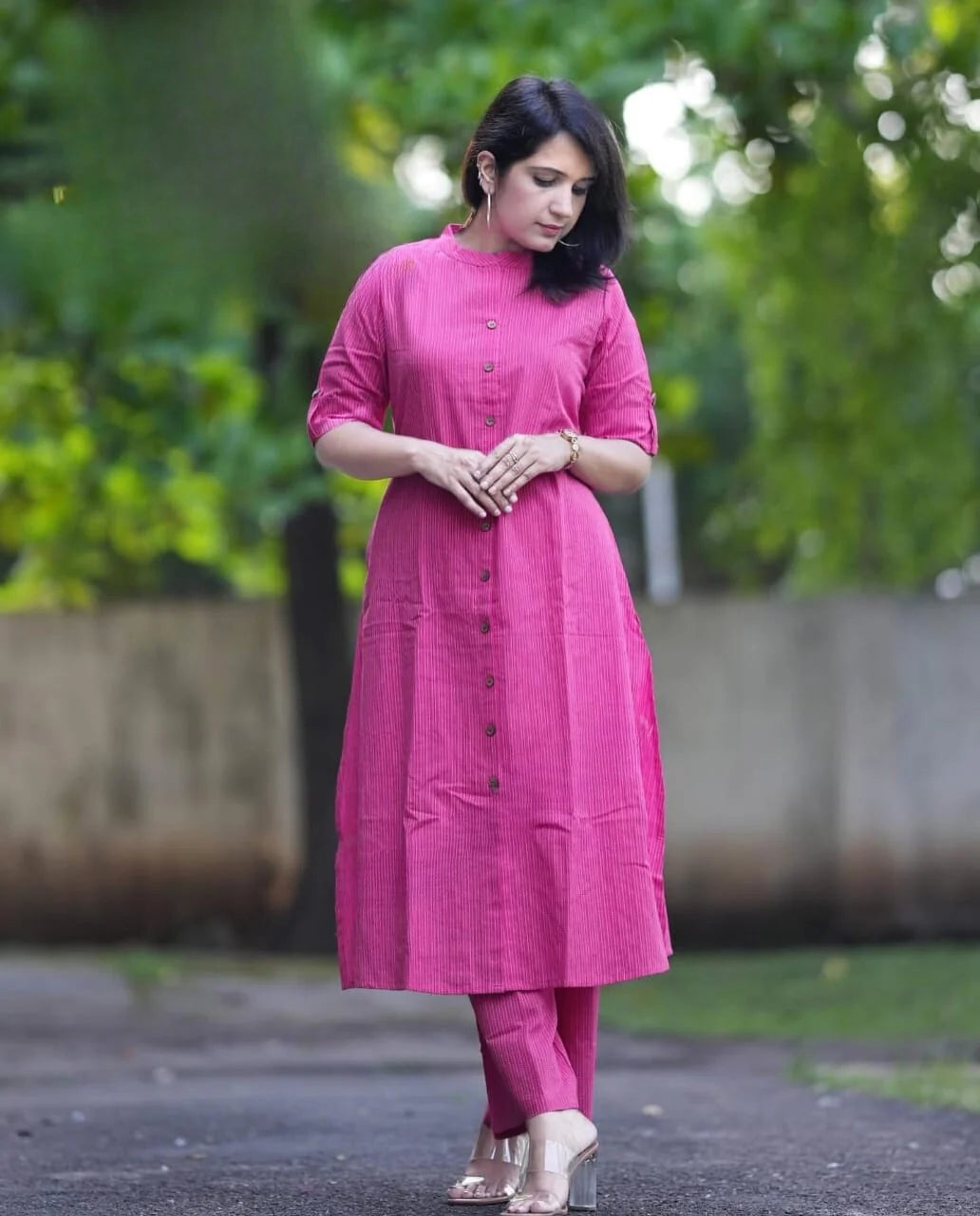 LIBASRACHNA RANI Pink Katha Cotton Kurta And Palazzo Set