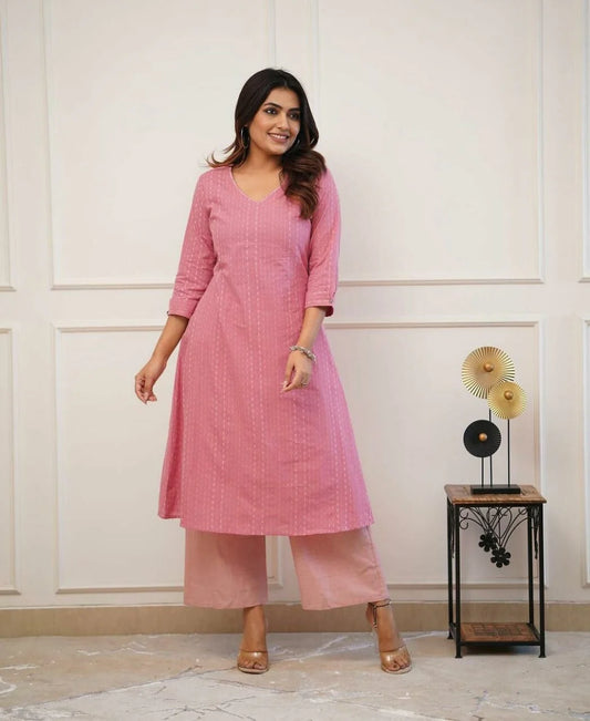 LIBASRACHNA Dusty Pink Katha Cotton Kurta And Cotton Pant Set