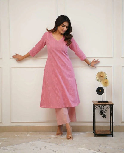 LIBASRACHNA Dusty Pink Katha Cotton Kurta And Cotton Pant Set