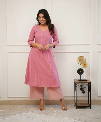 LIBASRACHNA Dusty Pink Katha Cotton Kurta And Cotton Pant Set