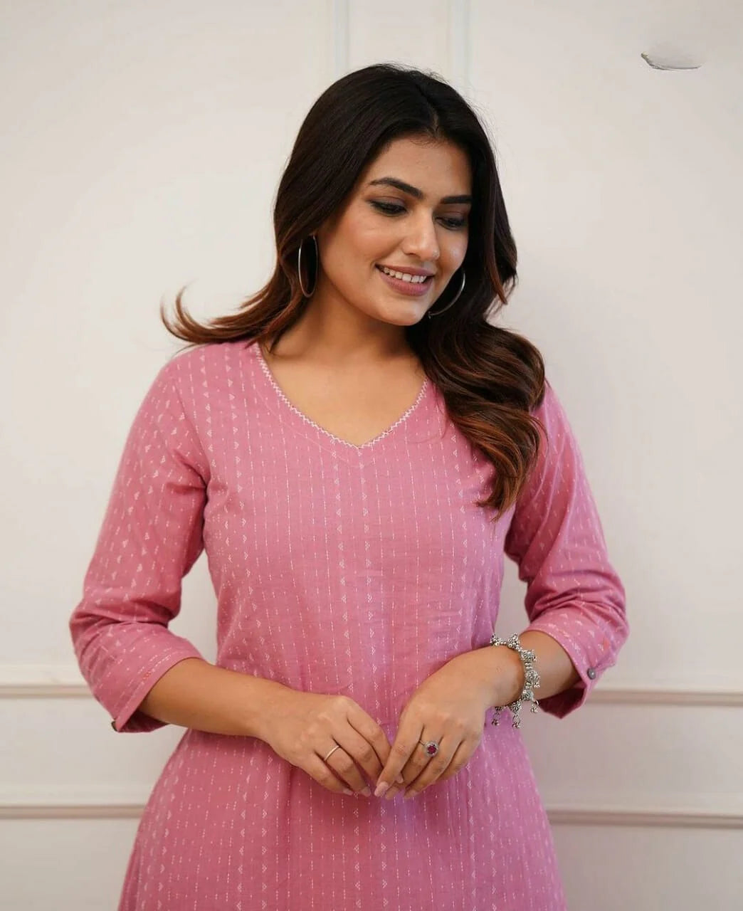 LIBASRACHNA Dusty Pink Katha Cotton Kurta And Cotton Pant Set