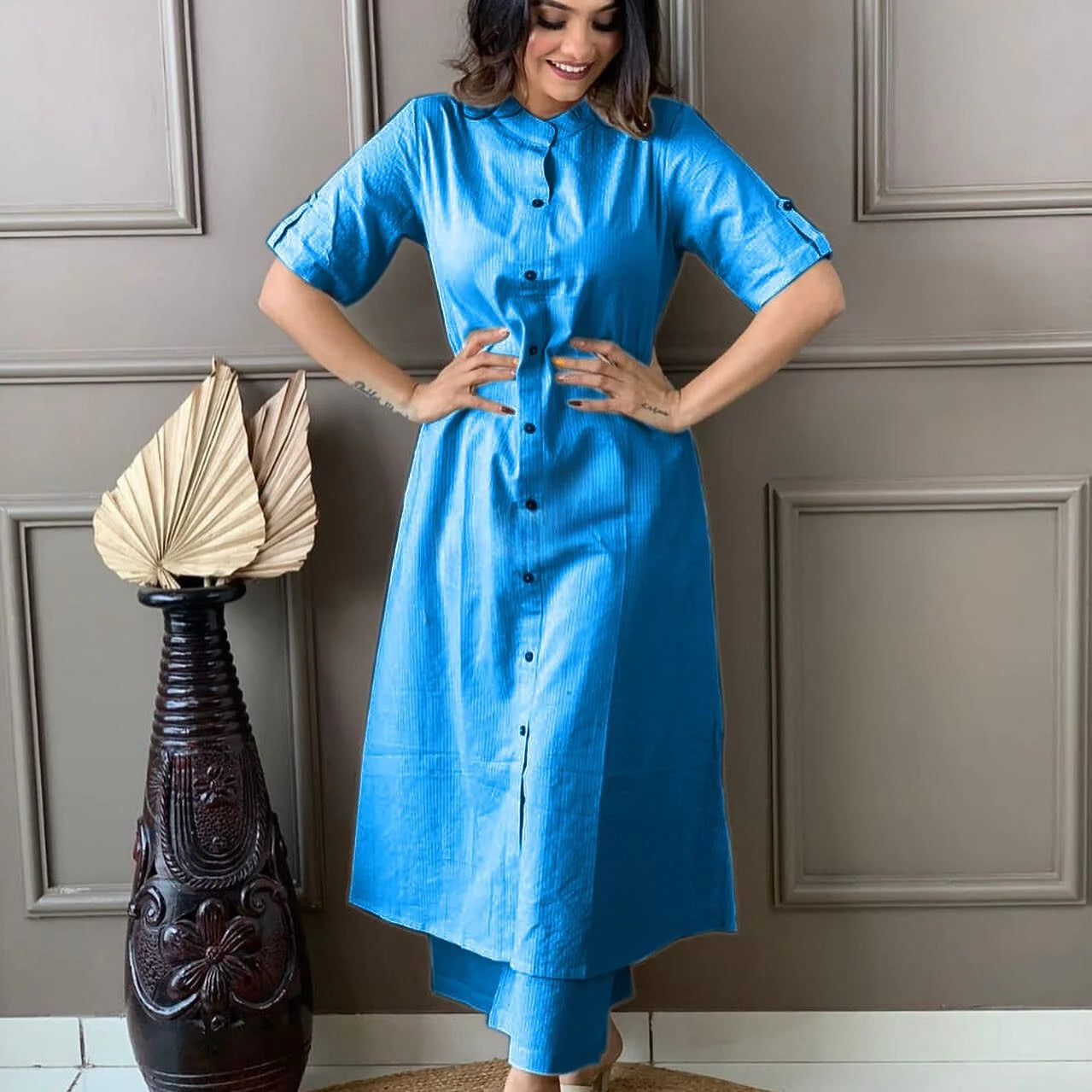 LIBASRACHNA Sky Blue Katha Cotton Kurta And Palazzo Set