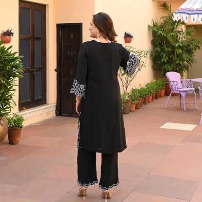 LIBASRACHNA Stylish Embroidered Kurta And Palazzo Set (Black)