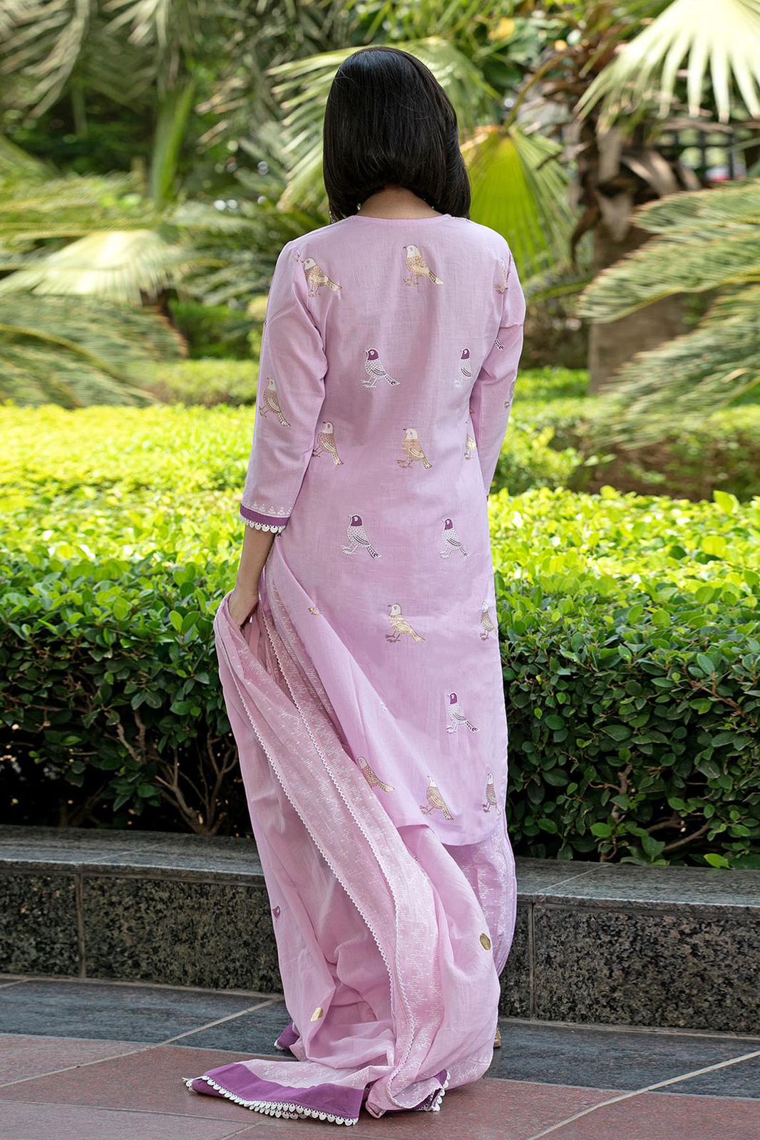 LIBASRACHNA Bird Printed Pink Cotton Kurta And Pant Set With Dupatta