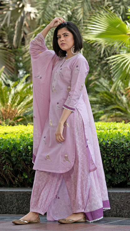 LIBASRACHNA Bird Printed Pink Cotton Kurta And Pant Set With Dupatta