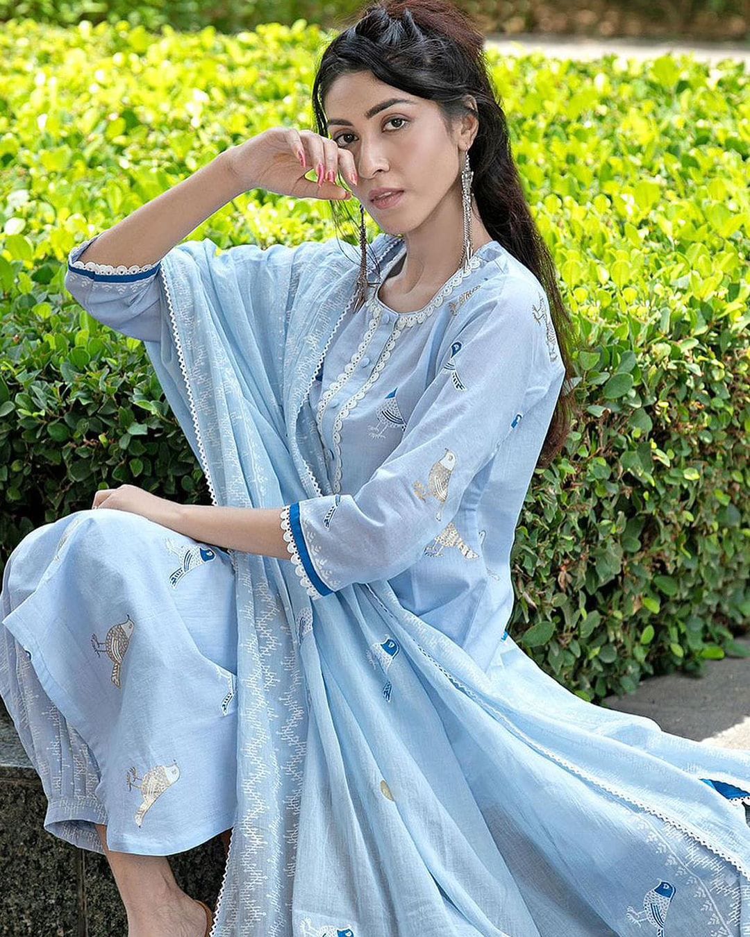 LIBASRACHNA Bird Printed Sky Blue Cotton Kurta And Pant Set With Dupatta