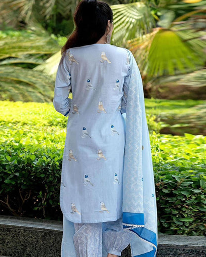 LIBASRACHNA Bird Printed Sky Blue Cotton Kurta And Pant Set With Dupatta