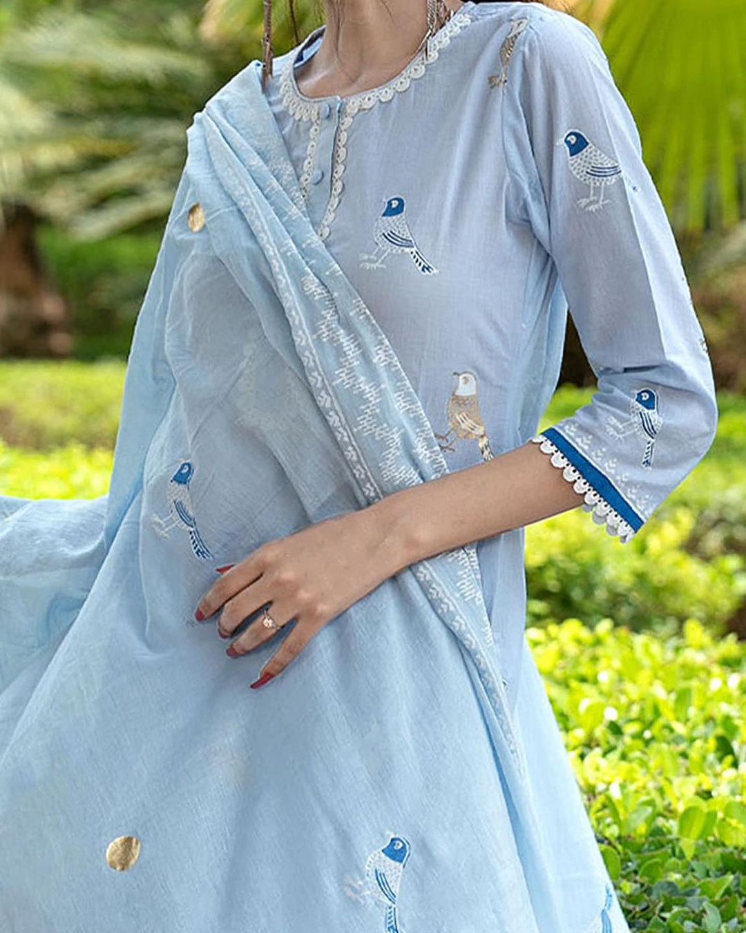 LIBASRACHNA Bird Printed Sky Blue Cotton Kurta And Pant Set With Dupatta