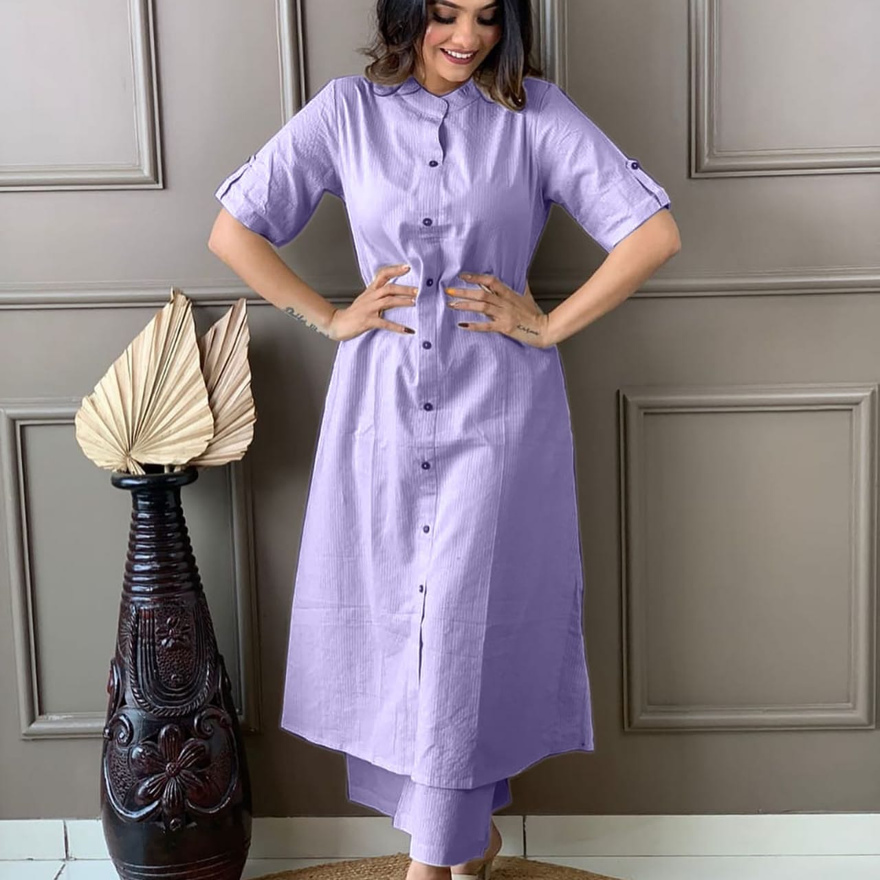 LIBASRACHNA Pastel Purple Katha Cotton Kurta And Palazzo Set