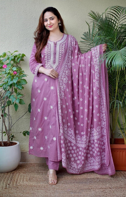 Dusty Lavender Embroidered Suit Set with Dupatta