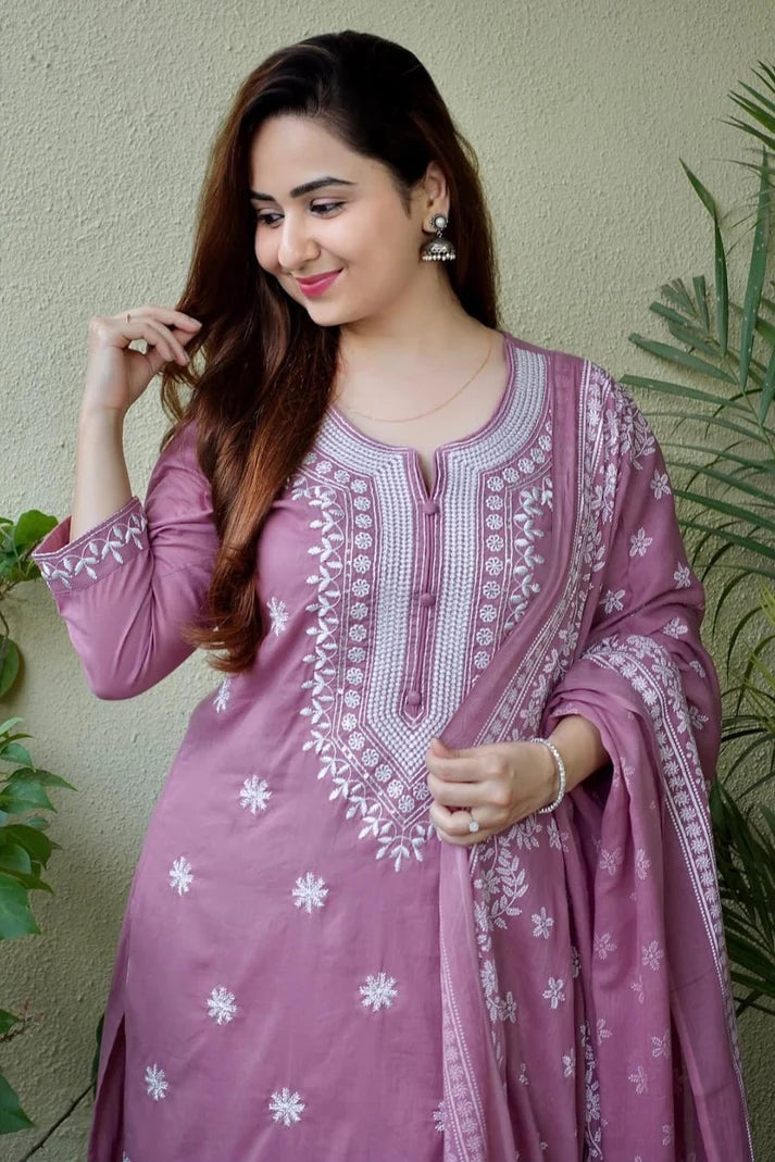 Dusty Lavender Embroidered Suit Set with Dupatta