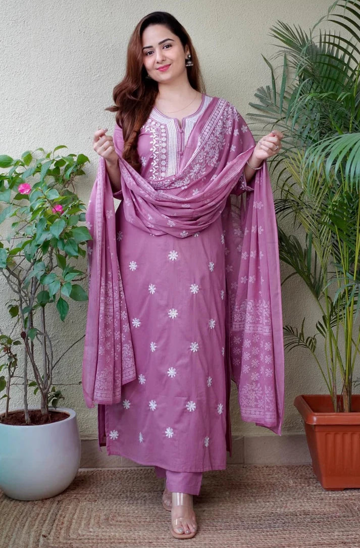 Dusty Lavender Embroidered Suit Set with Dupatta