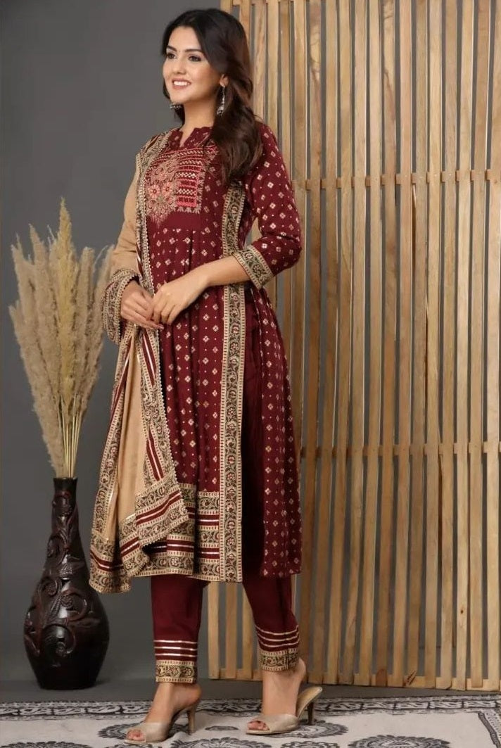 LIBASRACHNA Maroon Handwork Embroidered Kurta And Pant Set With Dupatta