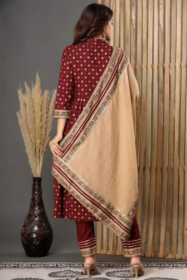 LIBASRACHNA Maroon Handwork Embroidered Kurta And Pant Set With Dupatta