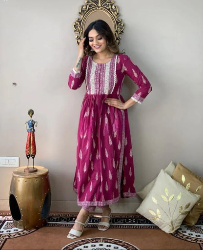 LIBASRACHNA Wine Ethnic Motifs Printed Nayra Cut Kurta And Pant Set