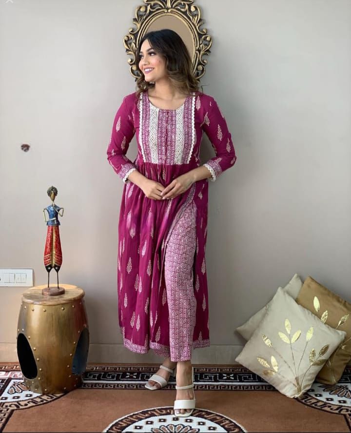 LIBASRACHNA Wine Ethnic Motifs Printed Nayra Cut Kurta And Pant Set