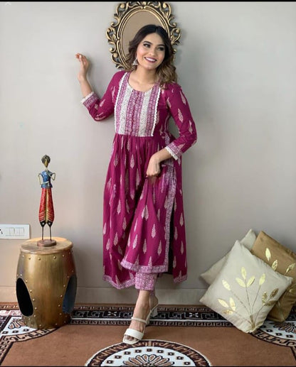 LIBASRACHNA Wine Ethnic Motifs Printed Nayra Cut Kurta And Pant Set