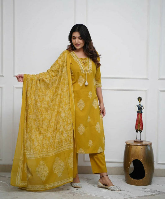 Dark Mustard Cotton Kurta And Pant Set With Mulmul Dupatta