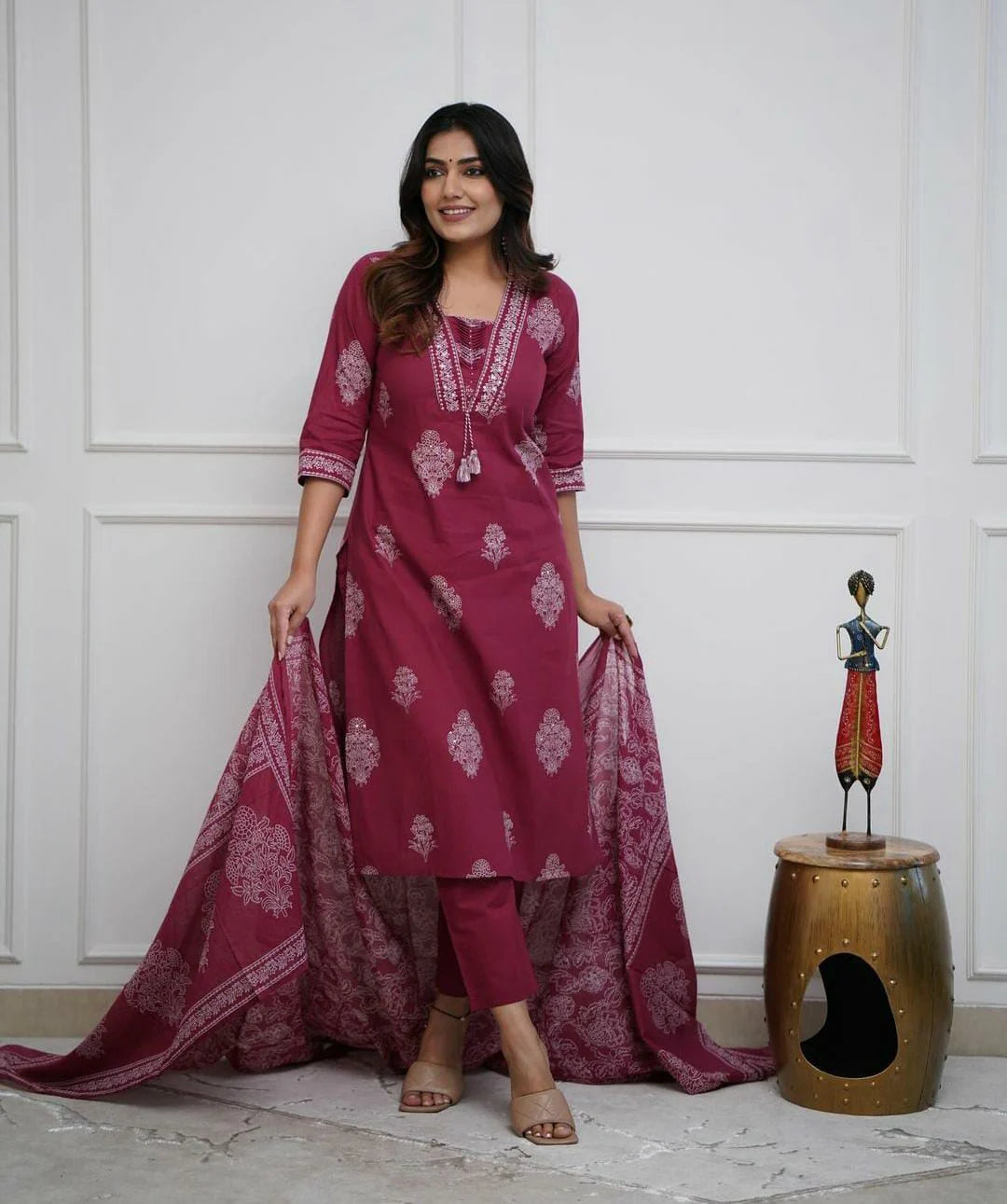 Maroon Cotton Kurta And Pant Set With Mulmul Dupatta