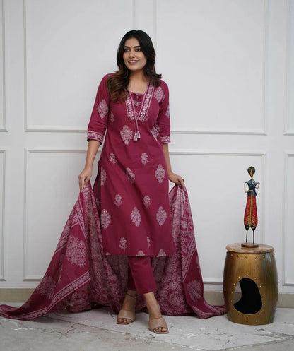 Maroon Cotton Kurta And Pant Set With Mulmul Dupatta