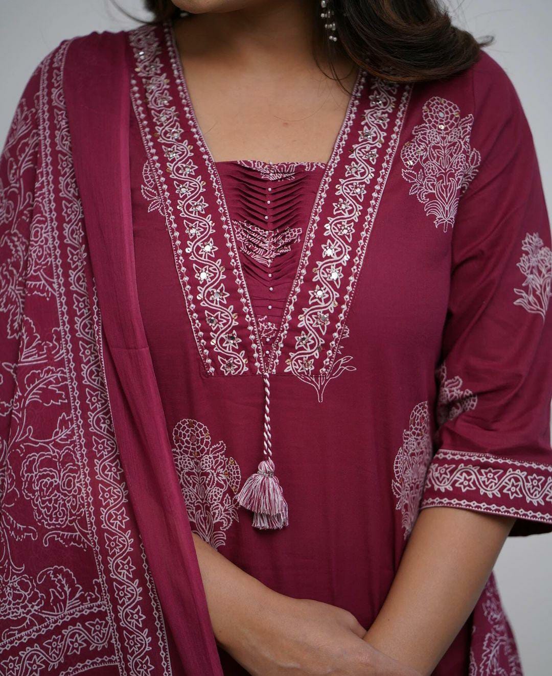 Maroon Cotton Kurta And Pant Set With Mulmul Dupatta