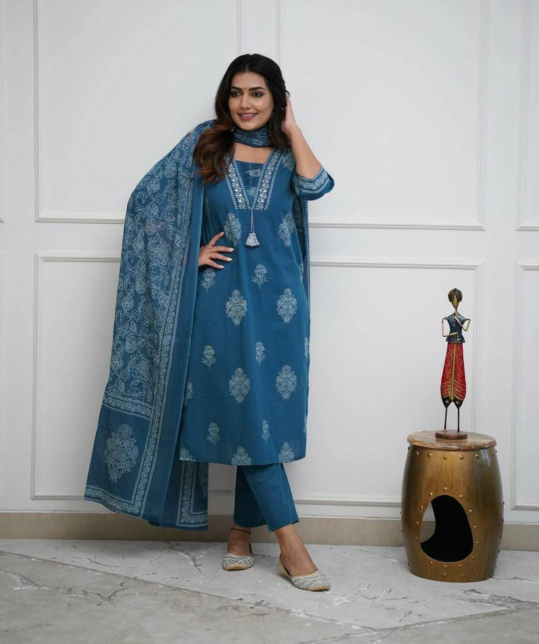 Dusk Blue Cotton Kurta And Pant Set With Mulmul Dupatta