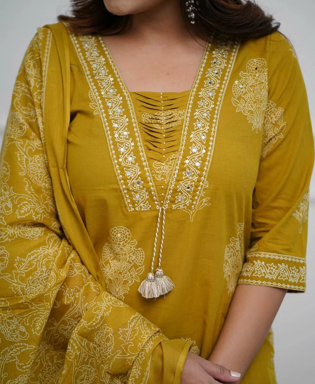 Dark Mustard Cotton Kurta And Pant Set With Mulmul Dupatta