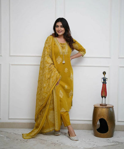 Dark Mustard Cotton Kurta And Pant Set With Mulmul Dupatta