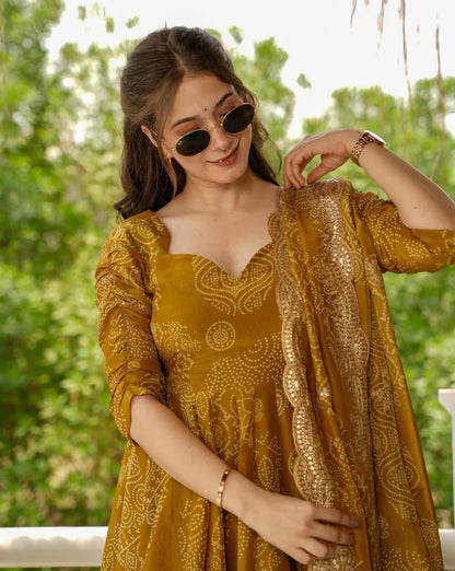 Yellow Cotton Anarkali Set With Intricate Threadwork