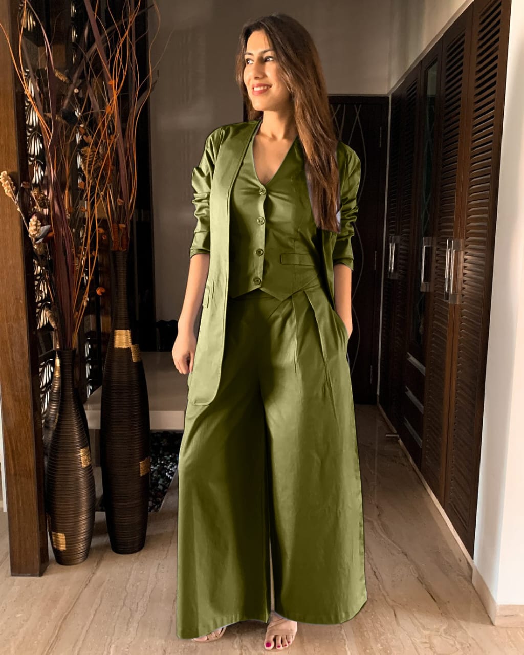 Green Bell-bottom pants with halter vest coat and long blazer cord set