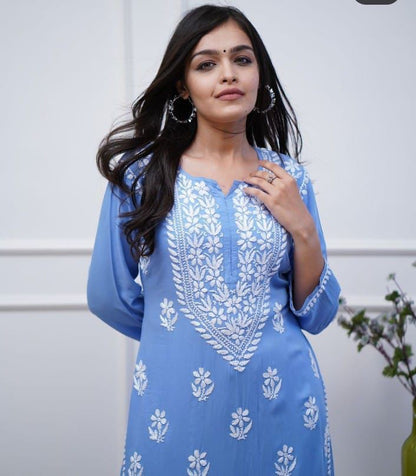 Blue Chicken Embroidery Kurti and Pant Set"