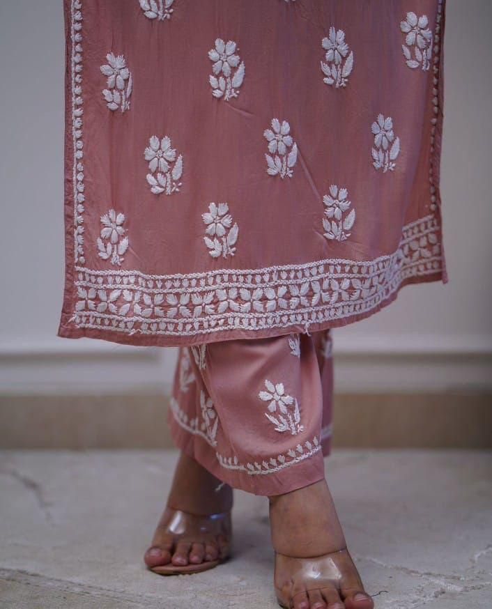 "Stylish Chicken Embroidery Kurti & Pant in Soft Pink"