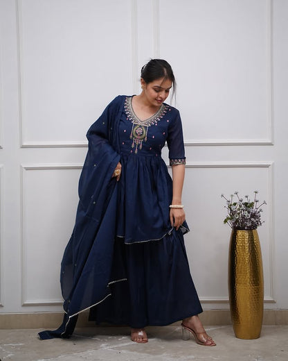 Beautiful blue embrodary neck yoke & Cotton Sharara with  full malmal  dupatta set