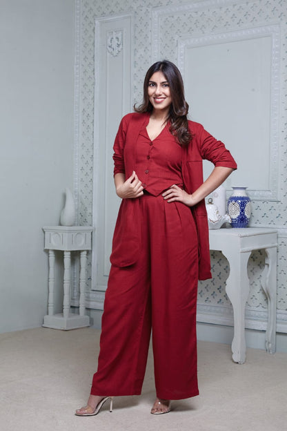 Red Bell-bottom pants with halter vest coat and long blazer cord set