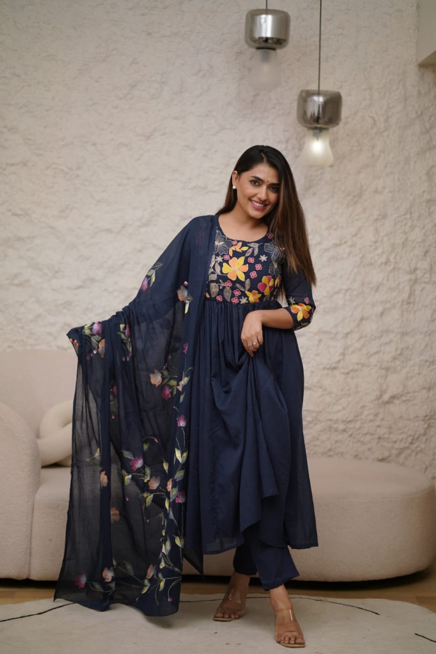 Navy Blue Kurta Pant with Dupatta Set