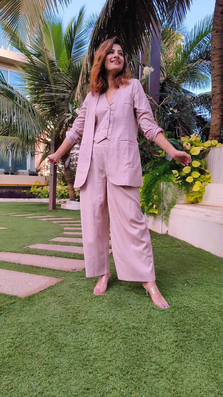 pink Bell-bottom pants with halter vest coat and long blazer cord set