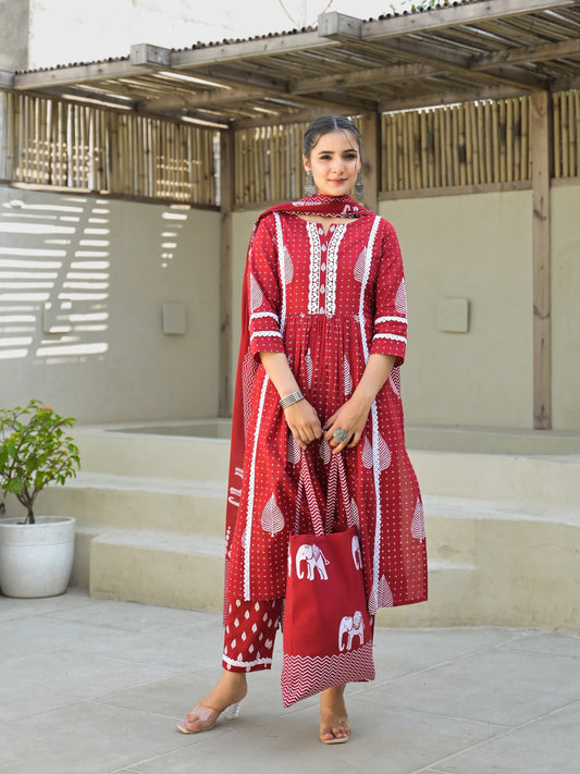 "Traditional Red Kurta Pant Ensemble with Dupatta"