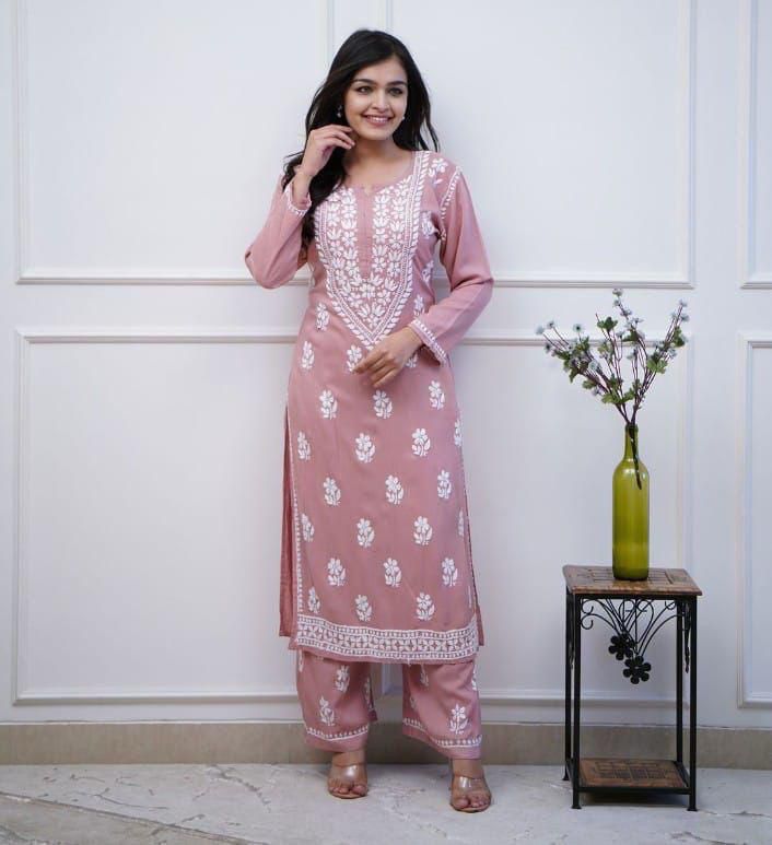 "Stylish Chicken Embroidery Kurti & Pant in Soft Pink"