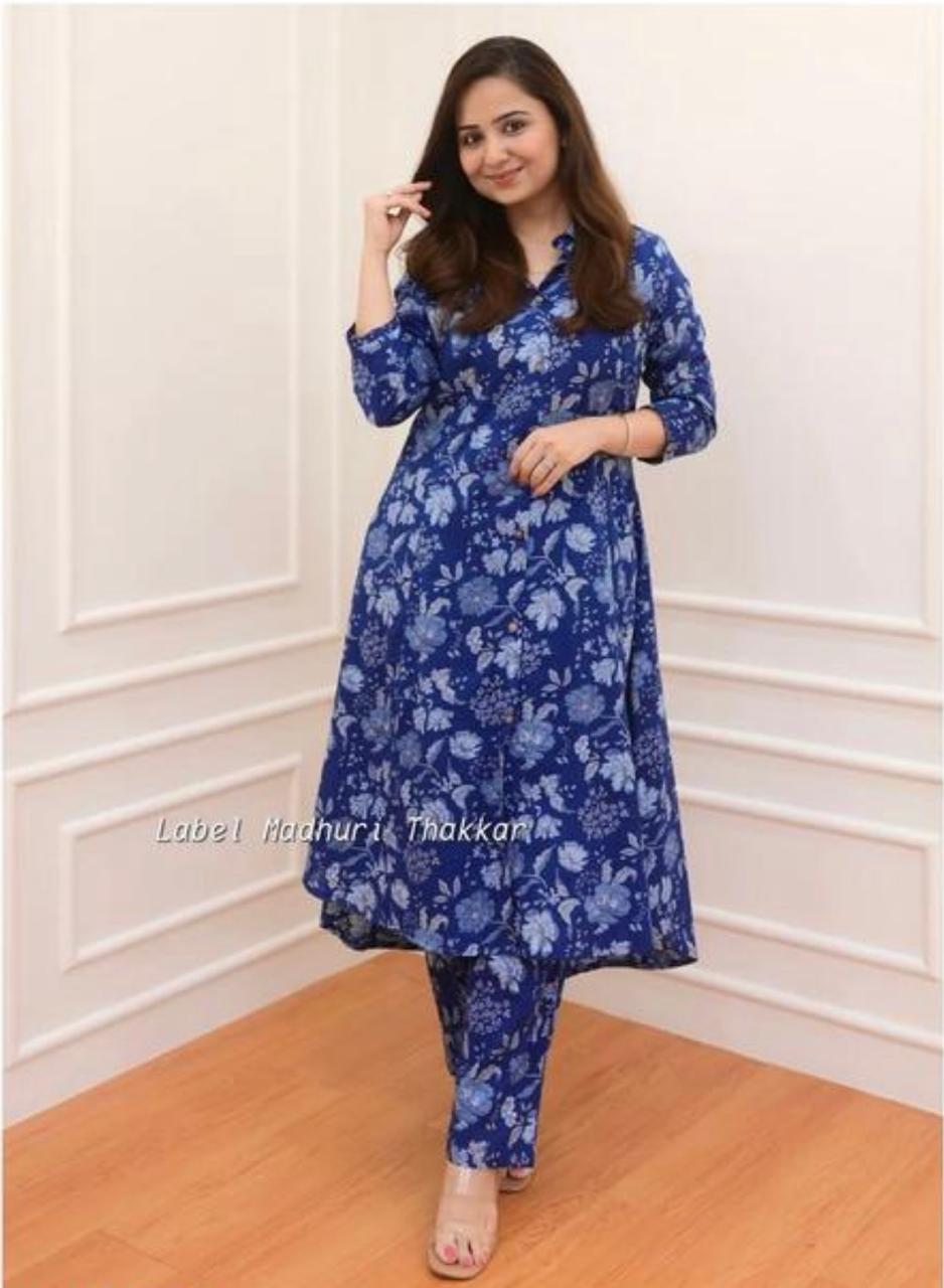 Blue A-Line Kurta with Matching Pant Set"