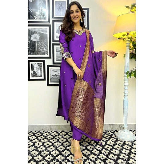 purple Heavy Banana Silk Kurta Pant Set with Designer Dupatta – Perfect Festive Wear