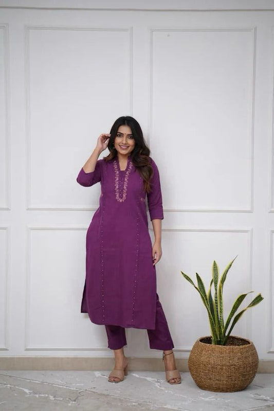 purple Embroidered Kurta Pant Set