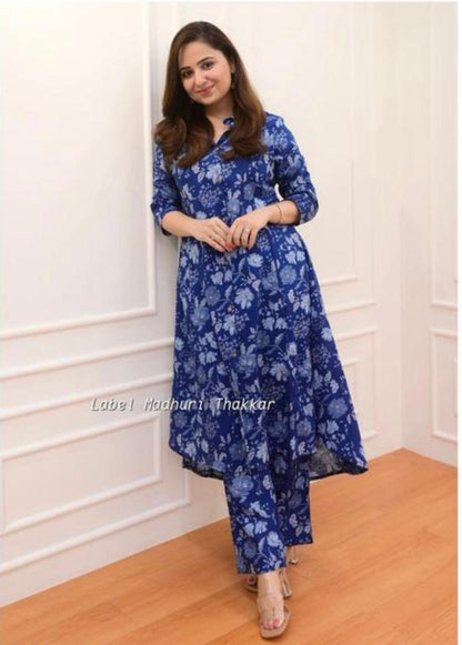 Blue A-Line Kurta with Matching Pant Set"