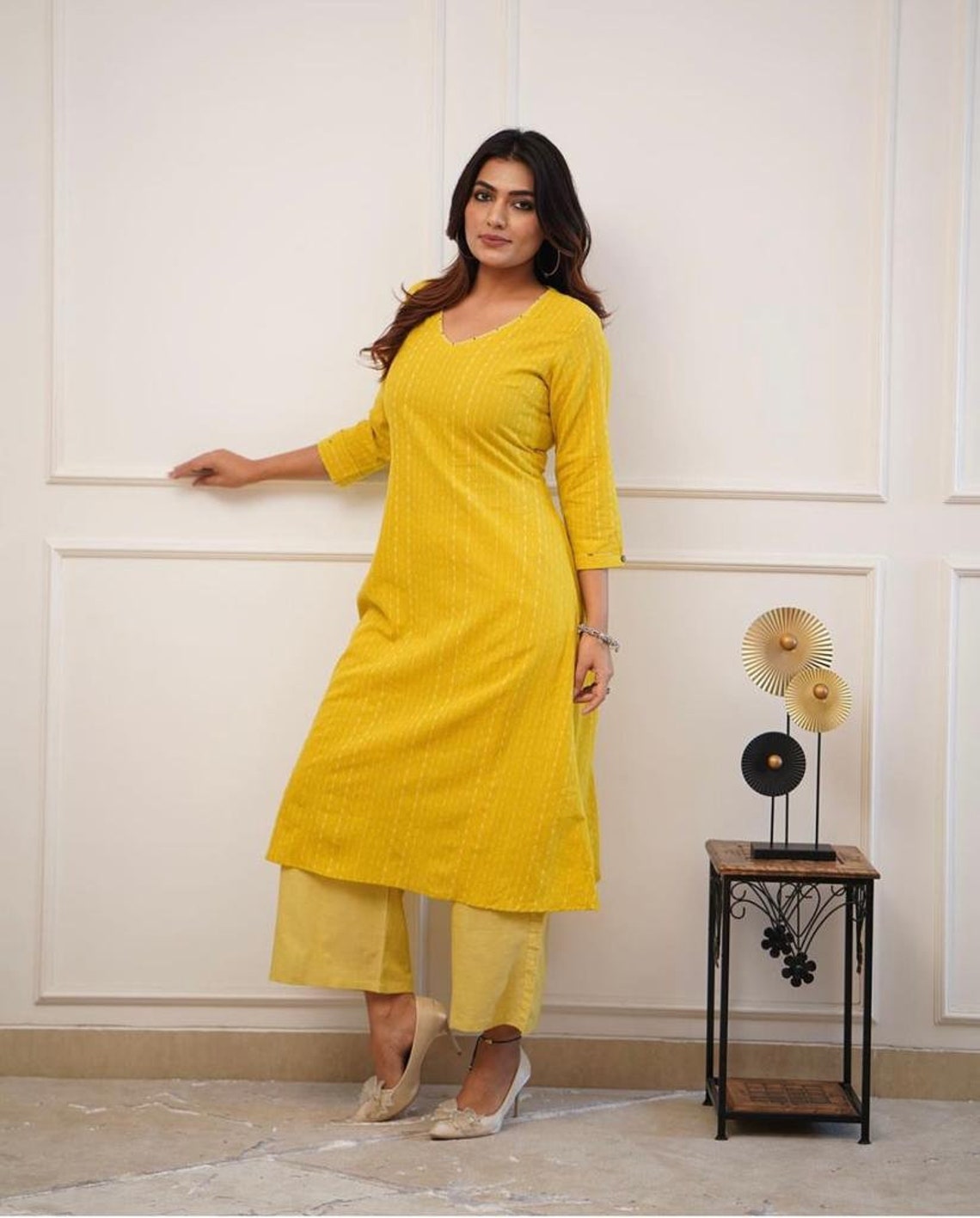 LIBASRACHNA Yellow katha cotton kurti pant  set