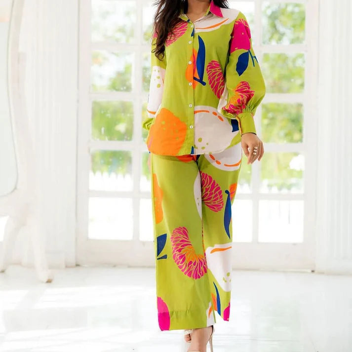 LIBASRACHNA Light Green Digital Printed Muslin Shirt Pant Coord Set