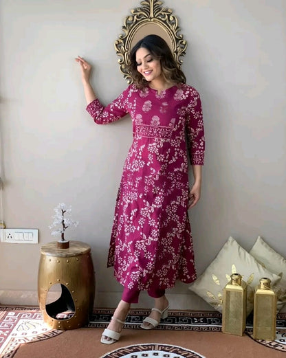 "Elegant Wine Kurta Pant Rayon Set for Effortless Style"